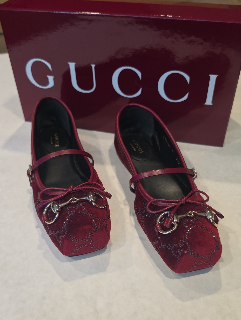 Gucci Burgundy Velvet Horsebit Mary Jane Flats